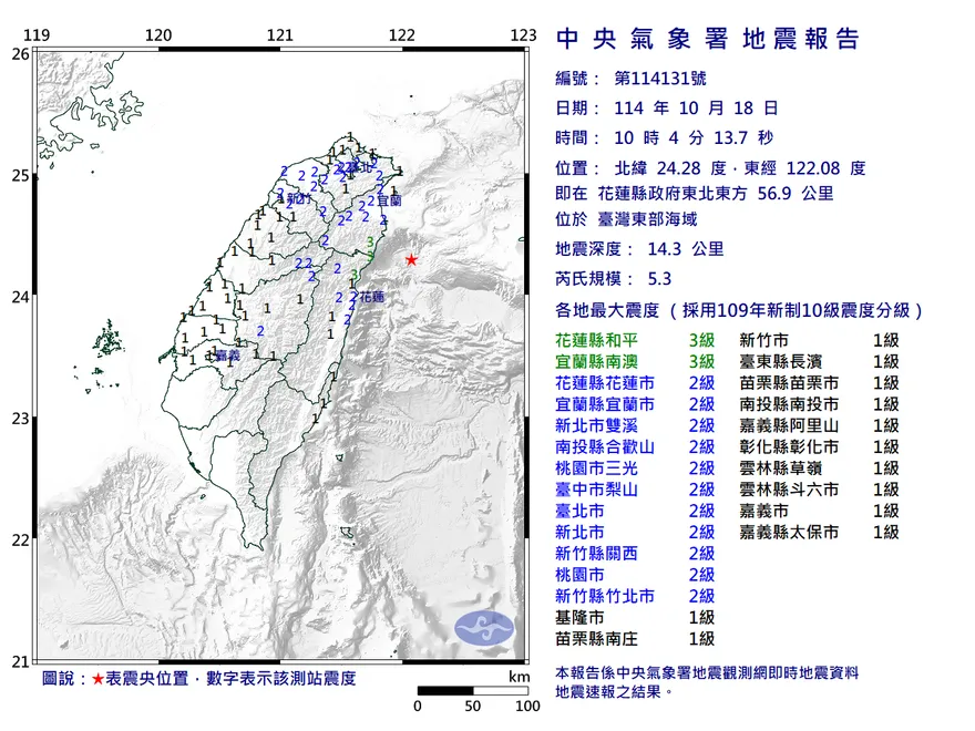 台灣東部海域10:04發生規模5.3地震　最大震度3級