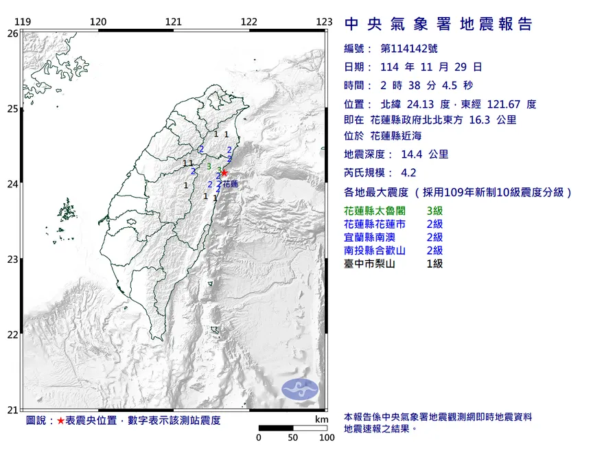 花蓮縣近海02:38發生規模4.2地震　最大震度3級