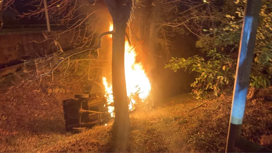 影/救不回！國1「小貨車衝邊坡撞樹狂燃」2人慘死