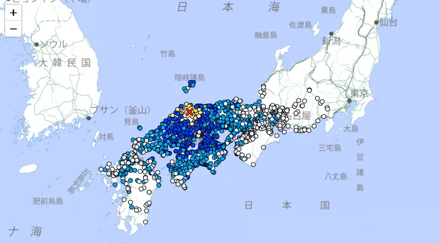 日本島根縣規模6.2地震　最大震度5強、多地有震感