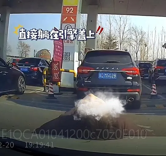 陸加油站驚見「人肉插隊」！女子「躺後車引擎蓋」強行卡位網傻眼