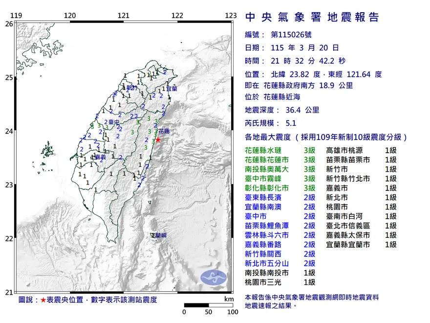 花蓮近海21:32發生規模5.1淺層地震　全台有感