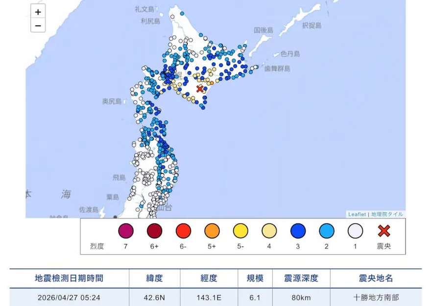 日本北海道今晨發生規模6.1地震　未發布海嘯警報