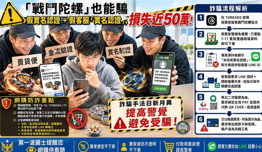 瘋戰鬥陀螺慘踩陷阱被騙50萬！LINE開螢幕共享竟變洗錢犯