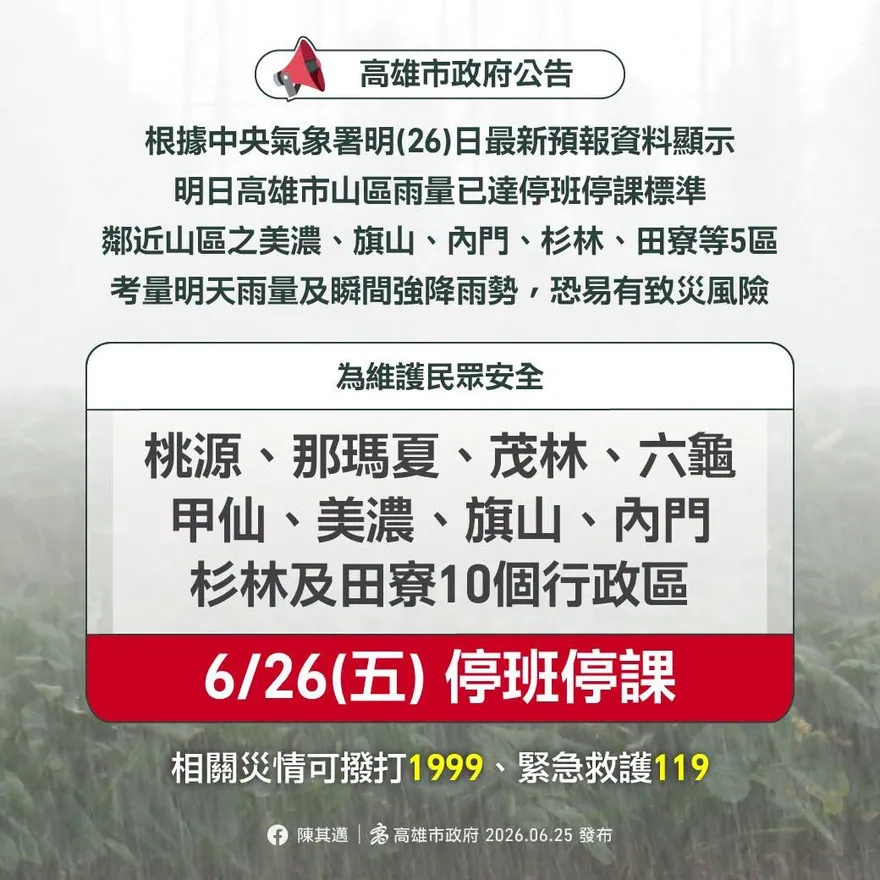 高雄市宣布了！「10行政區」6/26停班停課