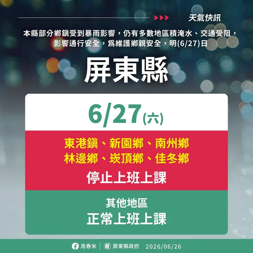 豪雨釀積淹水、交通受阻！屏東6鄉鎮27日停班停課