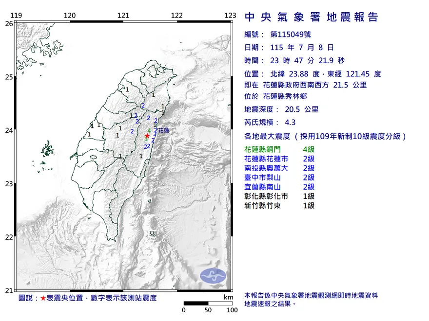 花蓮秀林鄉23:47規模4.3極淺層地震　最大震度4級