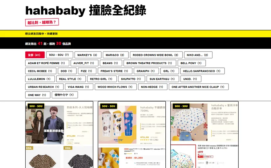 hahababy爆抄襲！網友建「撞臉全紀錄」網站　已整理41起案例