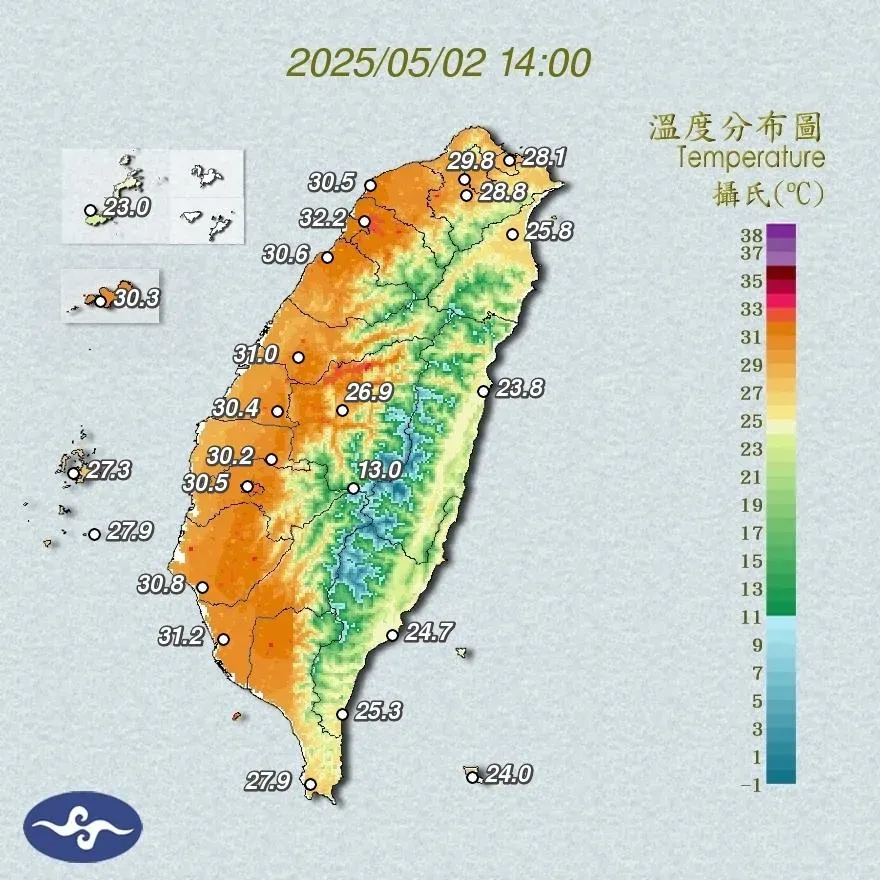 今天西半部普遍高溫。（圖／中央氣象署）