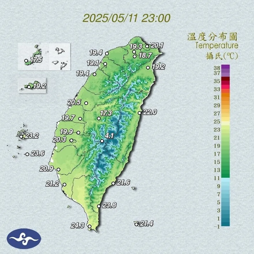 昨日晚間11時溫度分布圖。(圖/中央氣象署)