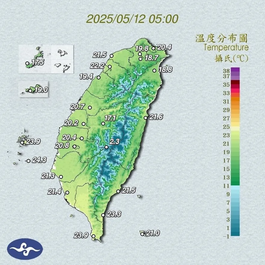 今(12)日清晨5時的溫度分布圖。(圖/中央氣象署)