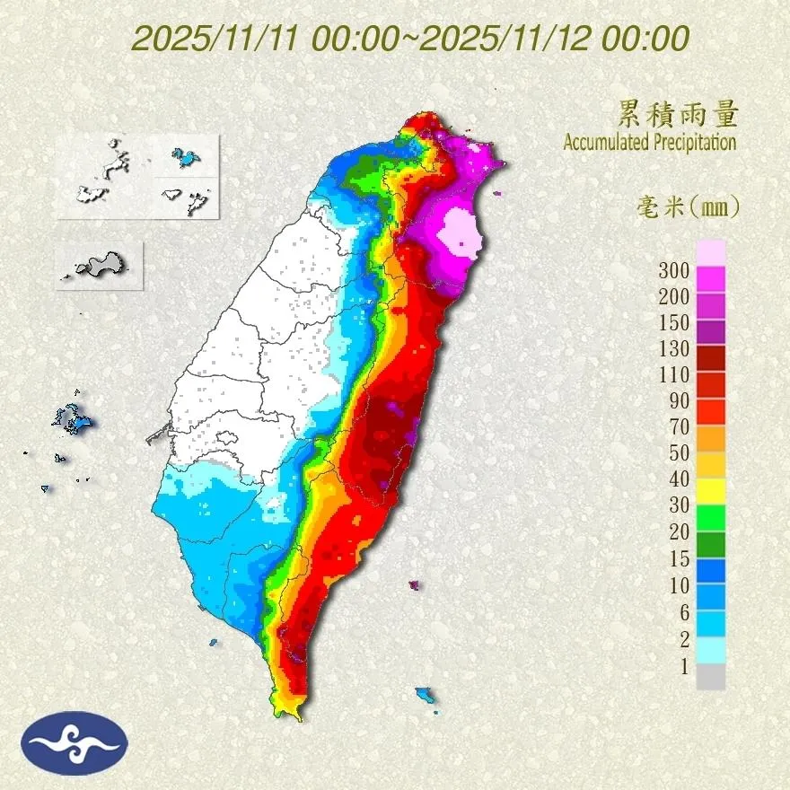 由氣象署的降雨紀錄看來,宜蘭呈現一片恐怖紫爆。(圖/氣象署)