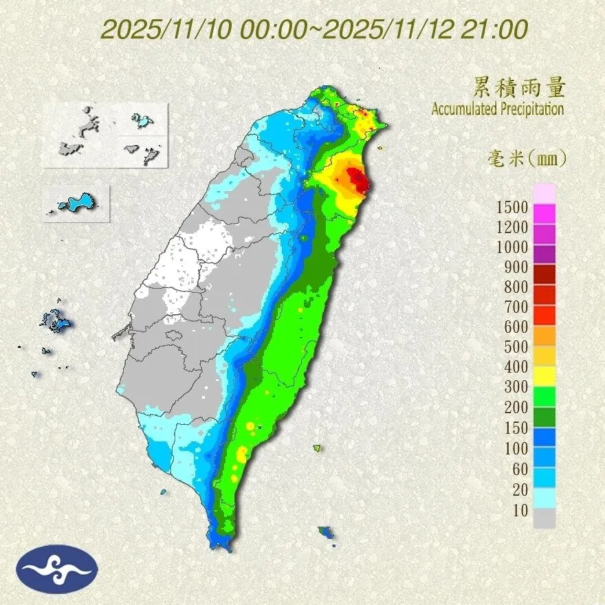 圖為氣象署公布全台10日至12日雨量累積圖。(氣象署提供)