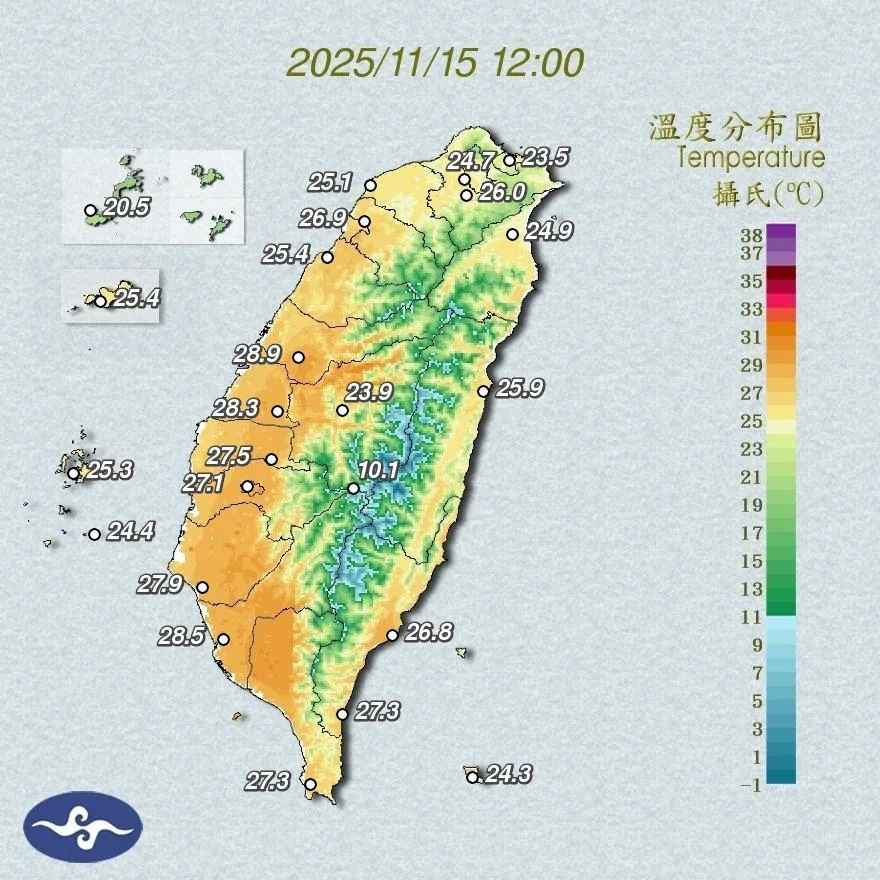 今(15)日溫度分布圖。（圖／中央氣象署）