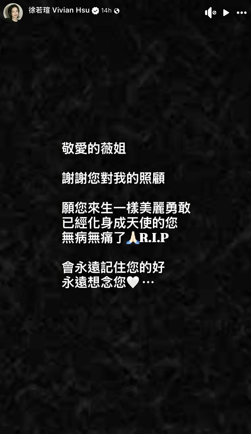徐若瑄悼念：願來生一樣美麗又勇敢。（圖／翻攝自徐若瑄臉書）
