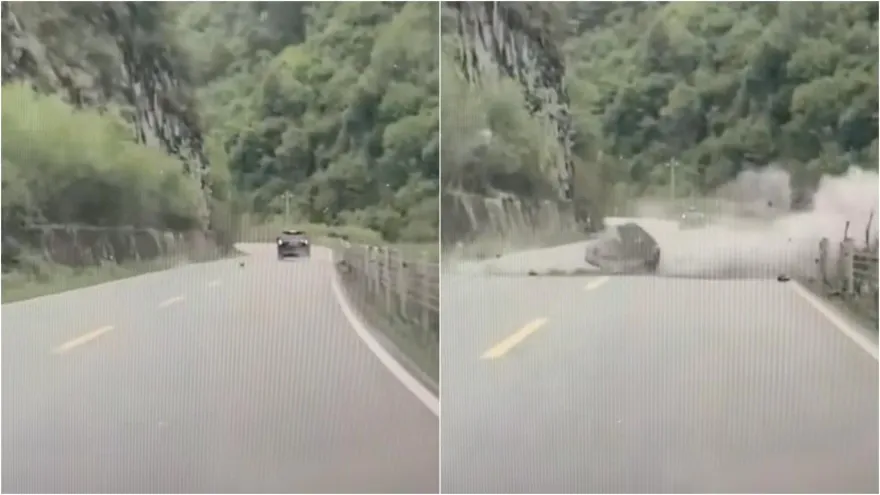 影/差1秒見閻王！四川土石流傾瀉　越野車險遭「巨石壓頂」