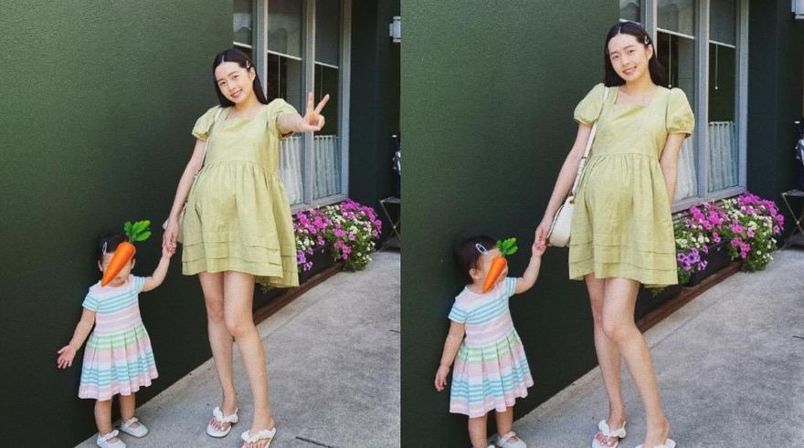 「最美校花」卸貨倒數！挺巨肚帶愛女吃西餐　白皙鉛筆腿全放送
