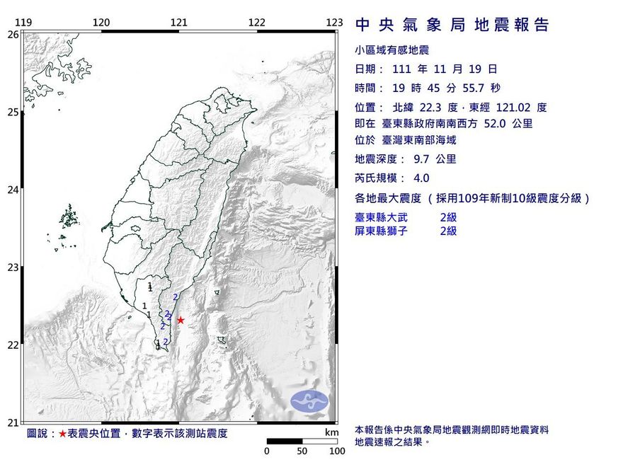 快訊/晚間地牛突翻身！台東外海發生「規模4.0淺層地震」　最大震度2級