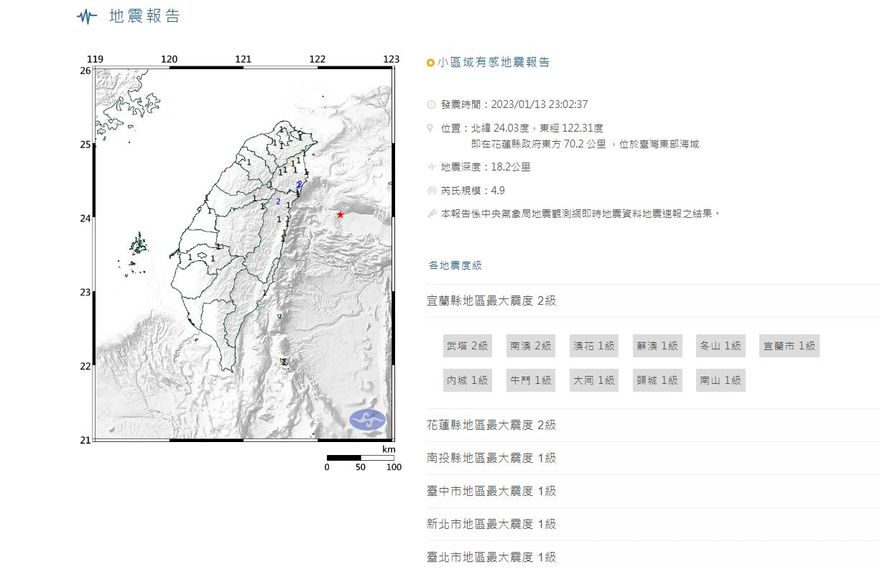 快訊／晚間地牛翻身！東部海域23:02發生規模4.9地震　最大震度宜蘭花蓮2級