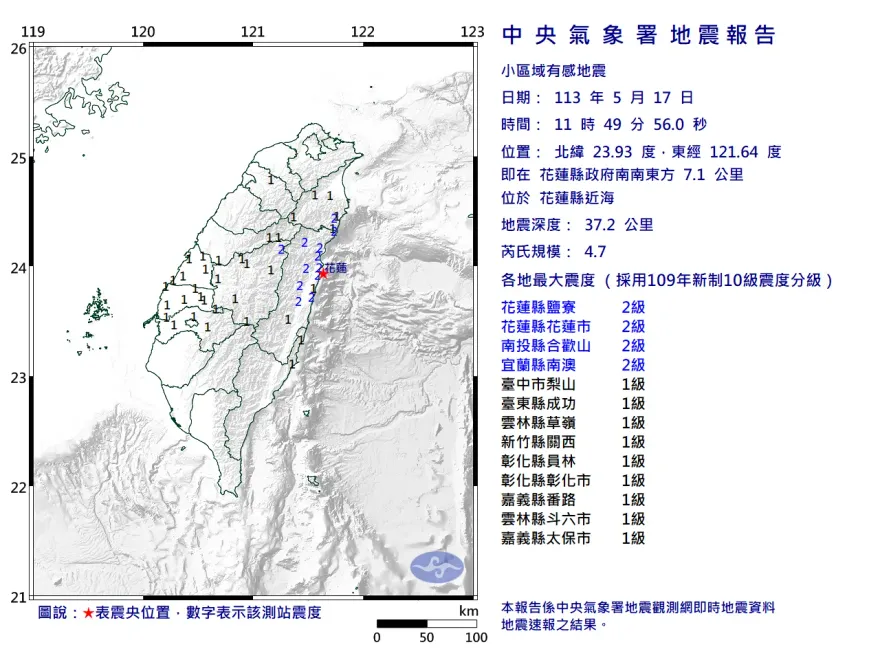 快訊/地牛翻身！11:49花蓮縣近海規模4.7地震　9縣市有感