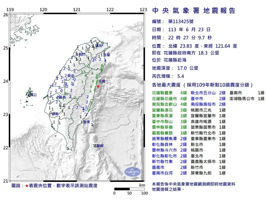 快訊/花蓮22:27爆規模5.4地震！　最大震度4級全台有感搖晃