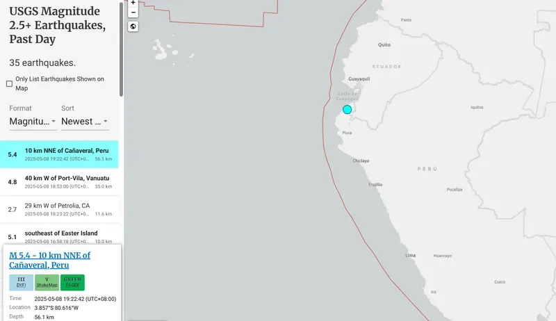 南美洲地震預警！秘魯厄瓜多邊境規模5.6極淺層地震
