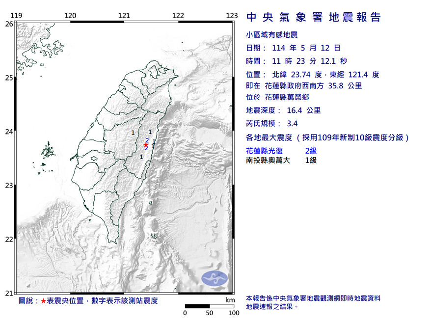 花蓮萬榮11:23規模3.4極淺層地震　最大震度2級