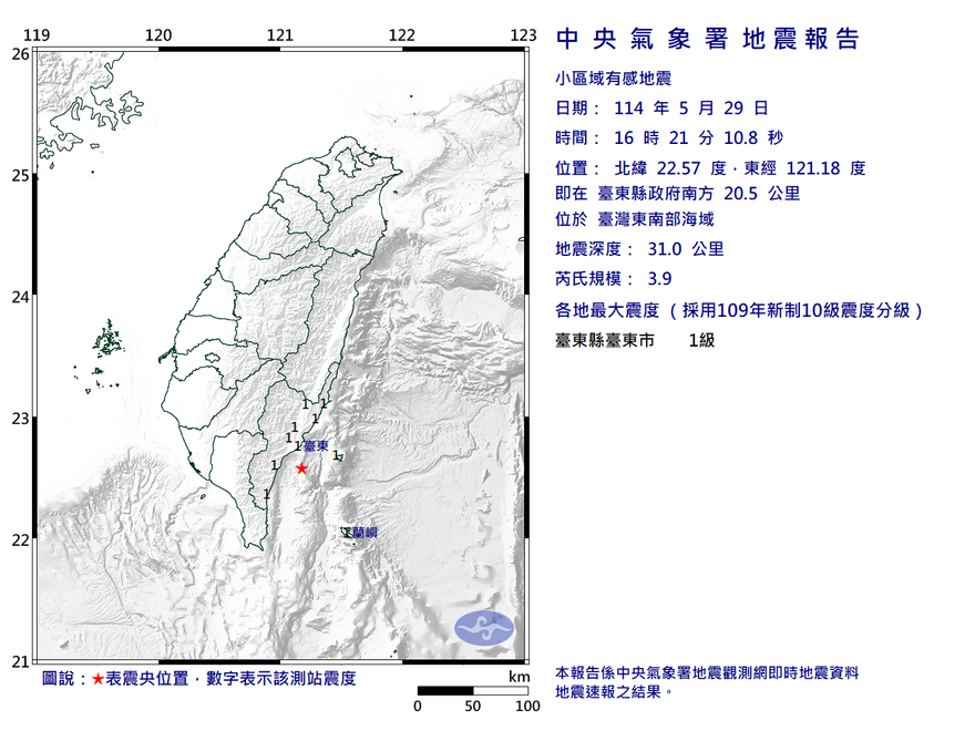 地牛翻身！16:21東南部海域規模3.9地震　最大震度1級