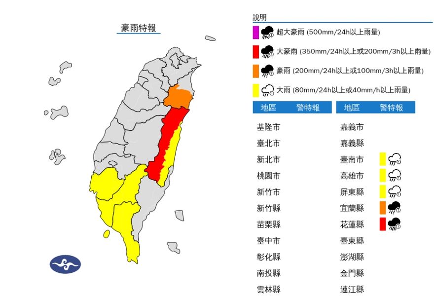 快訊/亮紅色警戒！宜花山區防豪大雨　南部「3縣市」急發大雨特報