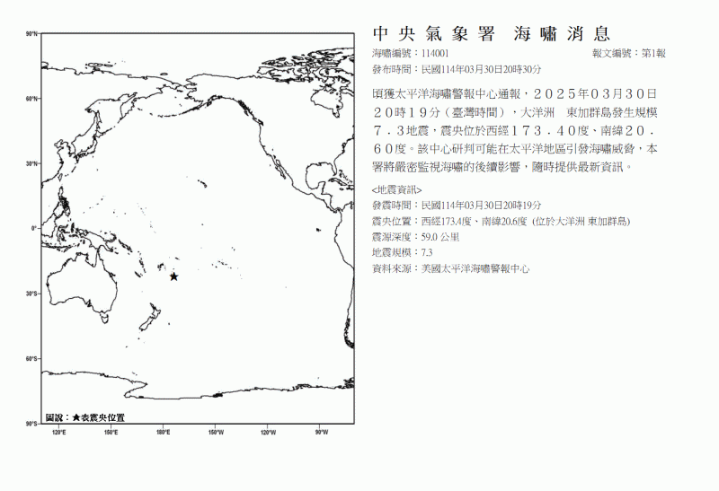 東加發生規模7.1地震！　氣象署發布海嘯消息
