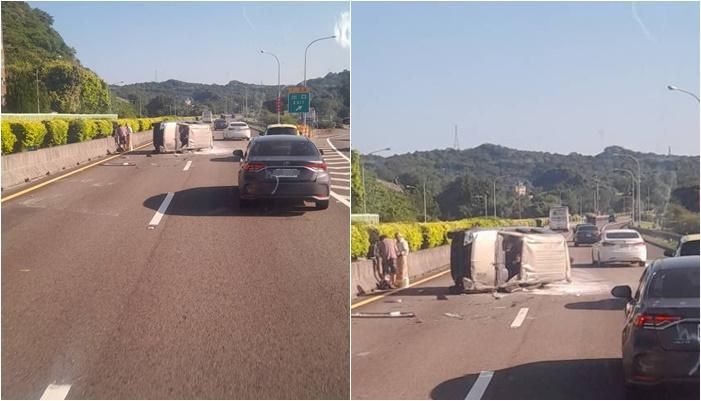 轎車側翻「玻璃炸碎」滿地殘骸！國1北上爆翻覆事故　疑自撞釀禍→傷亡不明僅單線道通行