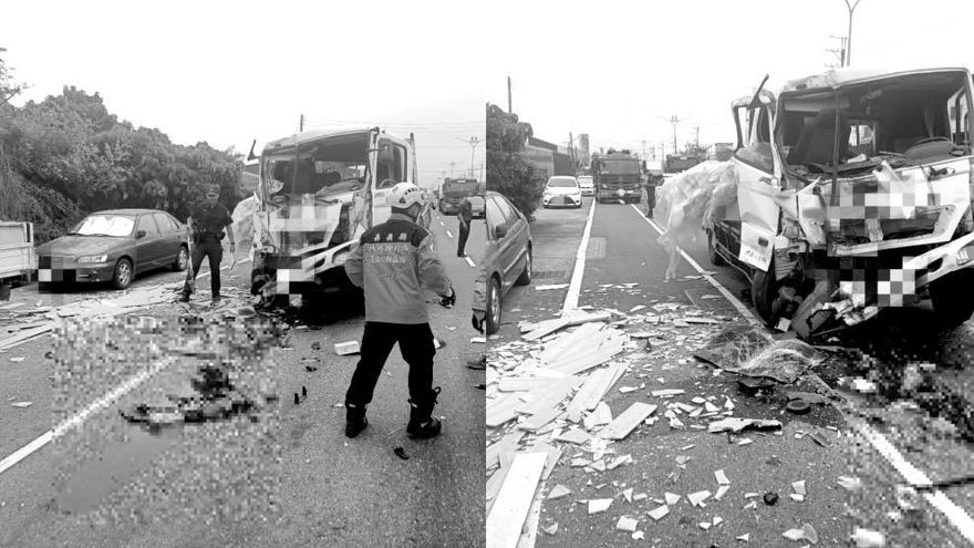 貨車失控撞公車…嘉義159縣道車禍！車頭凹陷零件噴飛