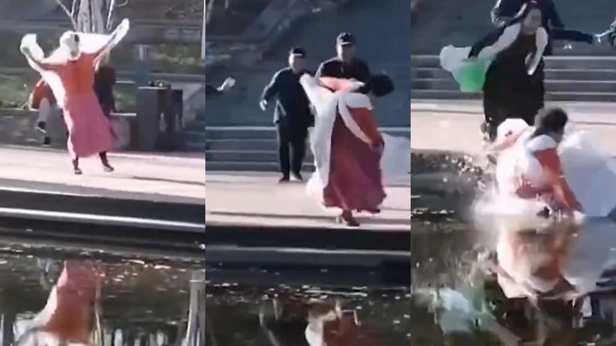影/太投入！大媽跳舞把自己轉進河中旁人拉不住　網笑噴：想跳天鵝湖吧！