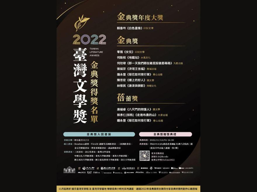 臺灣文學獎揭曉　賴香吟《白色畫像》榮獲金典年度大獎