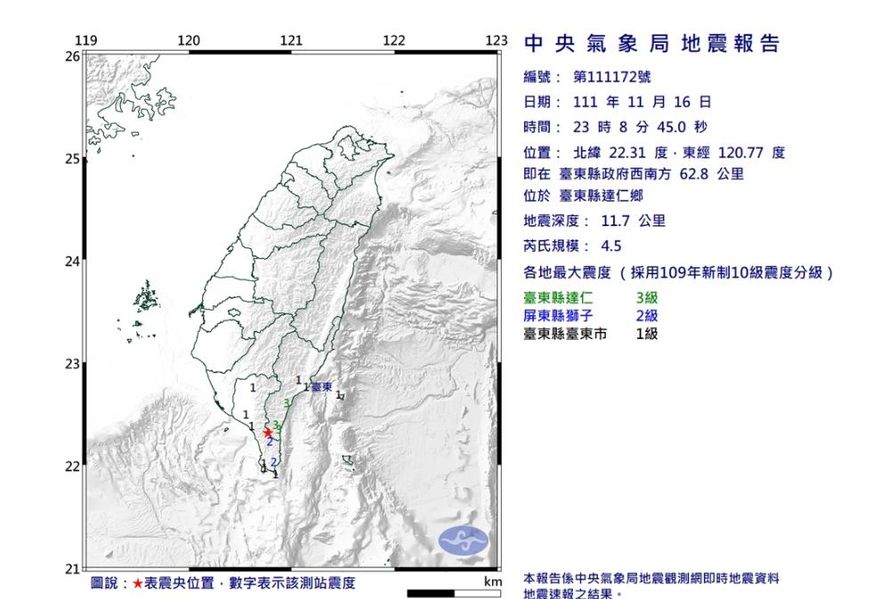 台東又震！晚間23：08 達仁規模4.5地震 最大震度3級