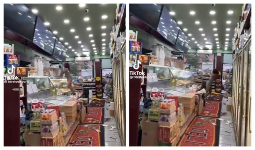 【影】紐約日常？爆乳女砸店　「店員舉肩擲物」一把命中　她前傾摔感覺超痛