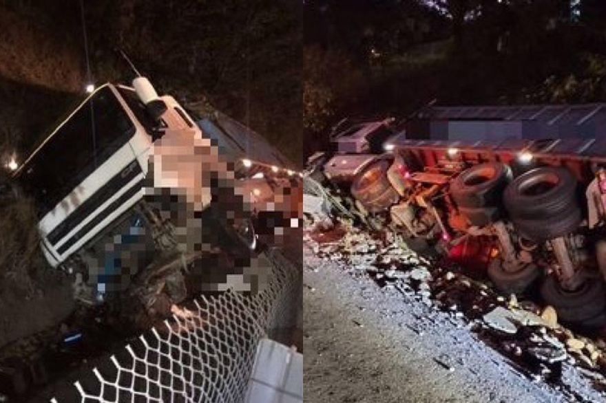 快訊/ 駕駛逃過一劫！國3大甲段聯結車碰撞轎車後衝倒整片護欄　翻覆側躺邊坡
