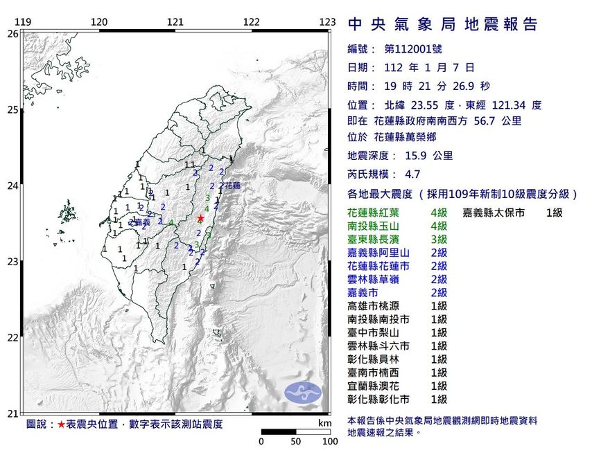 快訊/補班日「地牛突翻身」！花蓮發生規模4.7地震　2地區震度4級