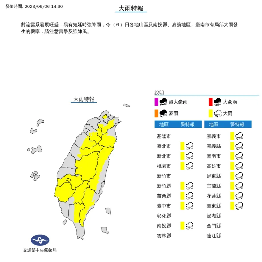 快訊/午後對流旺盛、雨炸雷擊！15縣市發布大雨特報