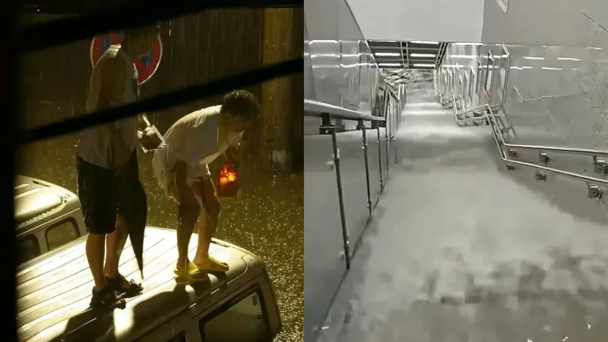 影/地鐵噴水池站真成「噴水池」！暴雨狂灌畫面曝　貴陽人變「瑪莉歐」跳車頂過積水