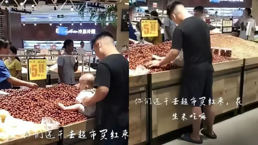 影/恐龍家長！男子把小孩放進超市紅棗堆玩　網怒：買下全部紅棗回家玩個夠