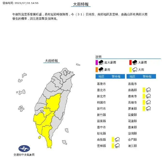 快訊/午後雨彈狂炸！6縣市緊急發布大雨特報