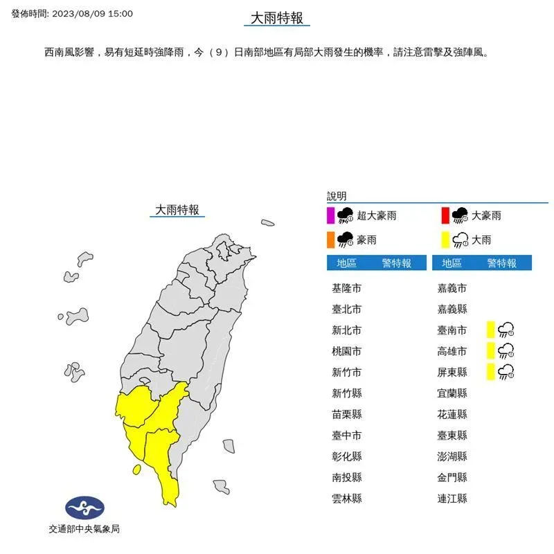 快訊/西南風雨彈續炸！南市、高市、屏東大雨特報「一路下到晚上」