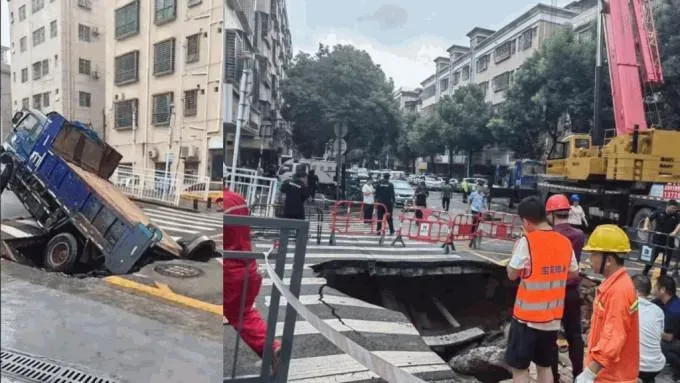深圳連日暴雨多地現「天坑」　砂石車慘卡坑數百住戶急轉移