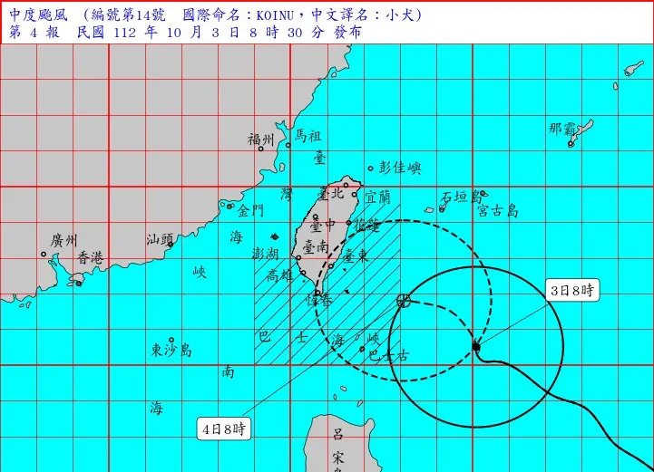 小犬動向/路徑再北修！暴風圈擴至250公里　估10/5凌晨台東登陸
