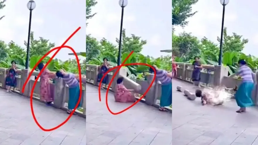 影/扯！大媽健身拉斷公園石欄杆　網譏豆腐渣工程：除非是項羽投胎