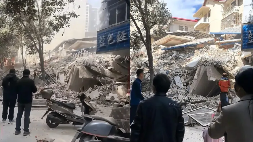 影/修著修著就垮了！江西7層樓公寓突塌「塵土飛揚」　官方：去年鑒定為危房