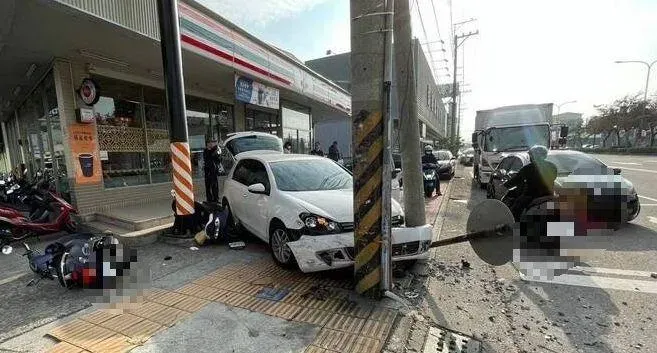 油門失控？台中大里7旬老駕駛衝上人行道　5機車遭KO最後被電線桿「阻止」