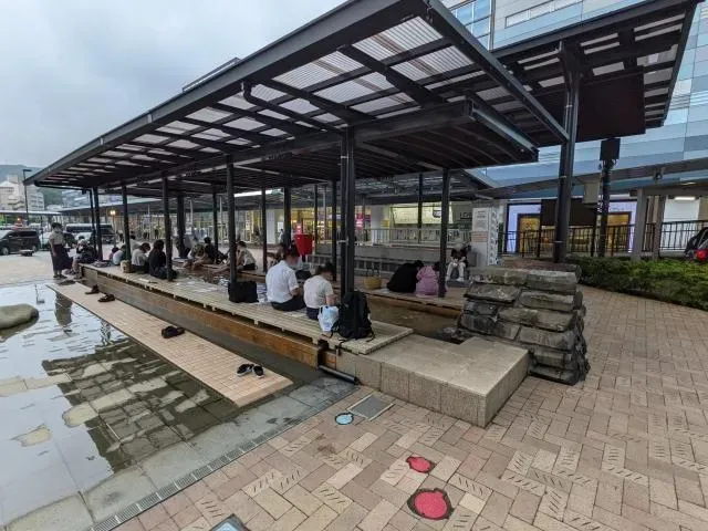 影/逗趣畫面！日熱海車站足湯池旁鴿子群聚　學人類「泡湯暖腳」