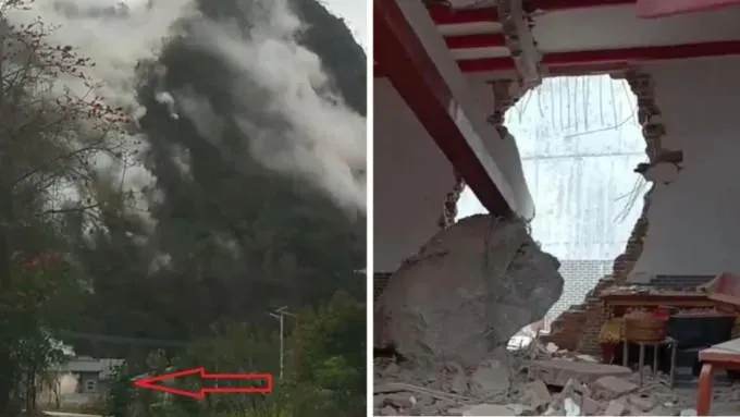 影/炸礦山爆破「10噸巨石」狠砸穿祠堂　目擊者：地動山搖煙塵狂冒